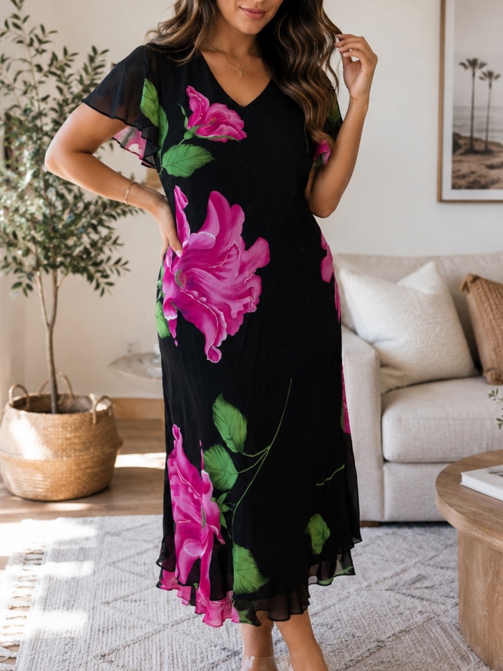 Donna Ricco Black Midi Dress with Pink Floral Print